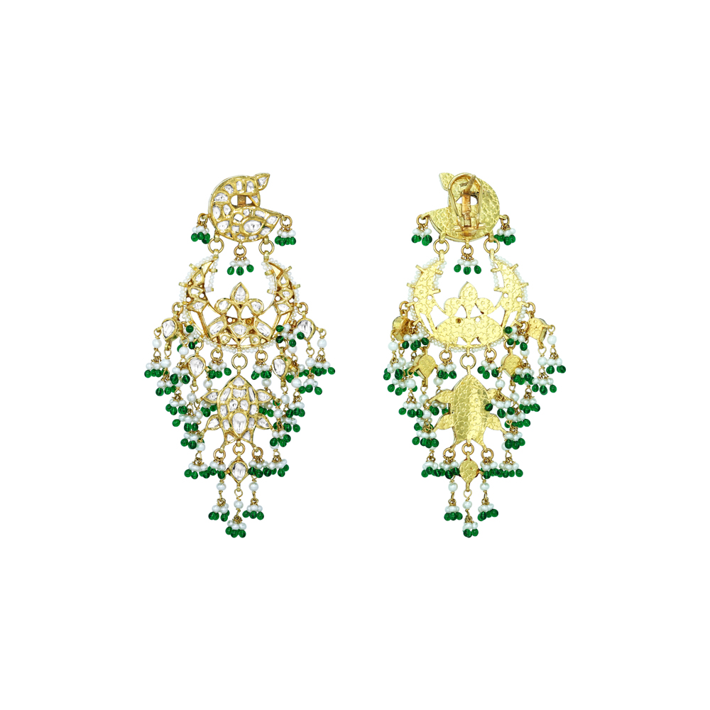 Floral Polki Earrings with Cascading Emerald and Pearl Beads